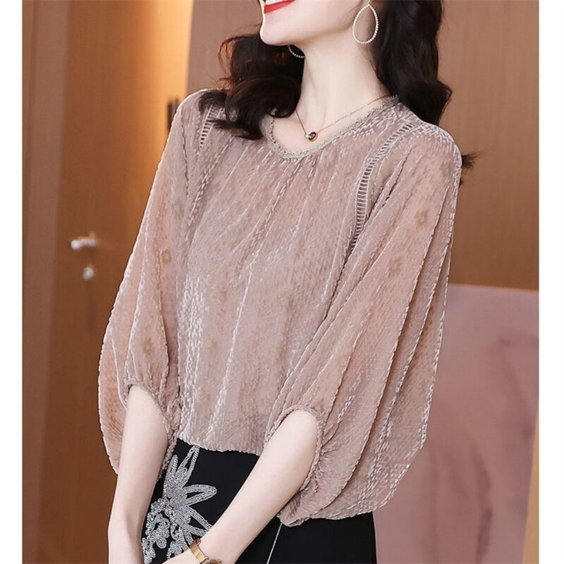 2022 Summer New Age-reducing Size 6XL Women Mid-sleeve Chiffon Top Fat Sister Loose Belly-Covering Bottoming Shirt Female AWCH