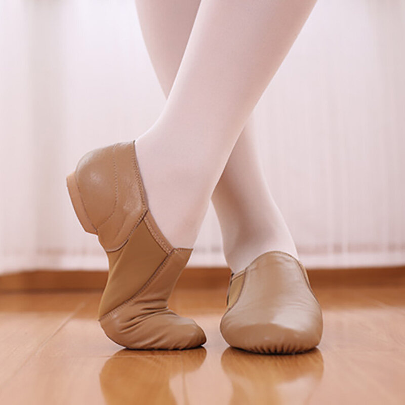 USHINE-zapatos de Ballet para hombre y mujer, calzado de tela elástica de cuero genuino, color negro y marrón, para entrenamiento de Yoga y Jazz