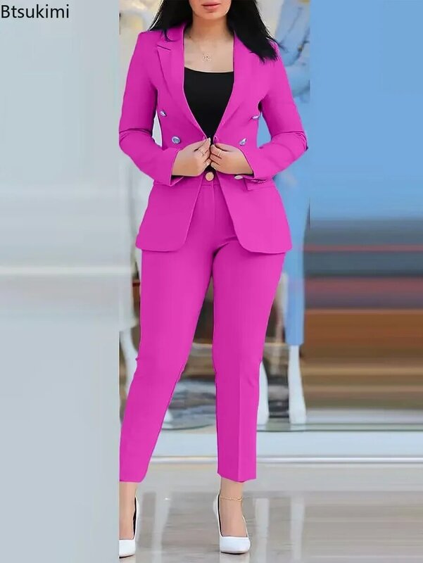 2024 Women's Office Business Pant Sets 2PCS Solid Double Breasted Blazers Jacket and Pants Sets Two Pieces Female Pant Suits Set