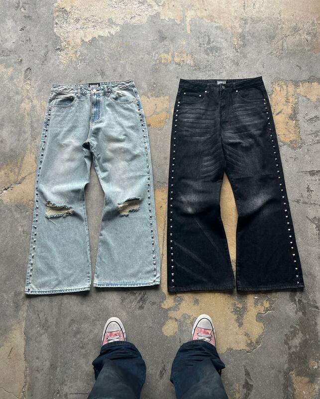 Rebite Tecnologia Punk Goth Ripped Jeans para Mulheres, Y2k Streetwear, cintura alta, Jeans Baggy retrô, moda Hip Hop, calças jeans