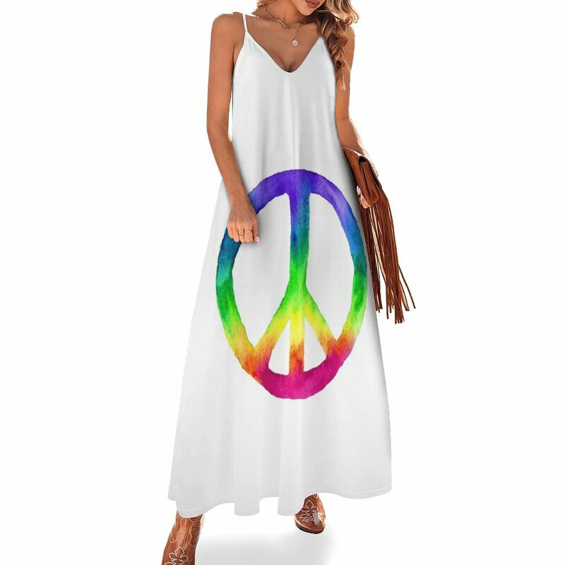 Aquarel Regenboog Tie Dye Vrede Teken Mouwloze Jurk Jurken Voor Vrouwen 2023 Elegante Jurk Jurken Zomer Vrouw 2023