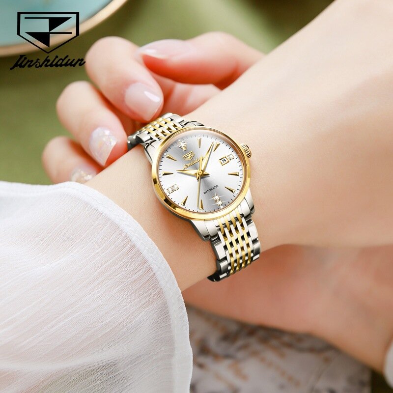 JSDUN Classic Women Automatic Mechanical Watch Calendar Display Fashion Elegant Gold Stainless Steel Ladies Clock Wristband 8943