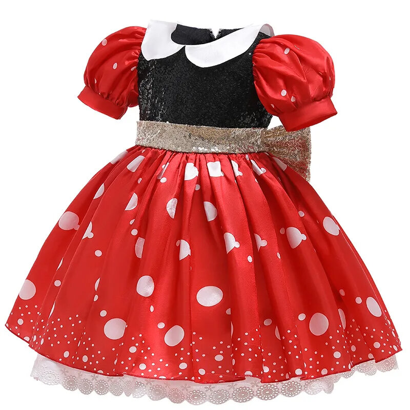 Dziecięca sukienka Mickey Minnie dziewczyna Cosplay kostium kreskówkowy lato z krótkim rękawem w kropki bufiaste rękawy sukienka księżniczki odzież dziecięca