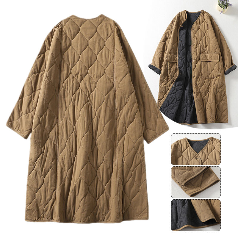 Abrigo de gran tamaño para mujer, sin cuello Chaqueta de algodón de manga larga, cárdigan grueso y cálido, moda informal Retro, Invierno