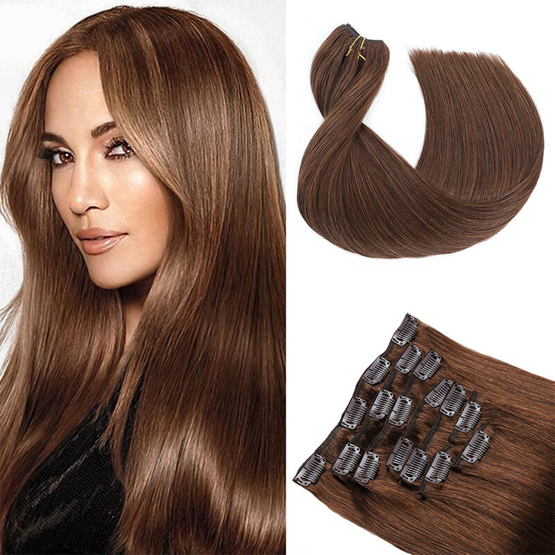 Extensiones de cabello humano con Clip recto, cabello con 17Clips, doble trama, marrón medio, #4, 8 piezas por juego
