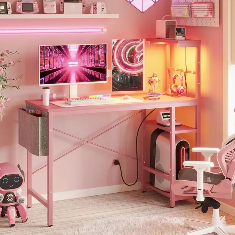 Pink Gaming Desk with Power Outlets, 44 Inch Led Gamer Desk 4 Tiers Reversible Shelves W/ Headset Hook & Side Storage Bag