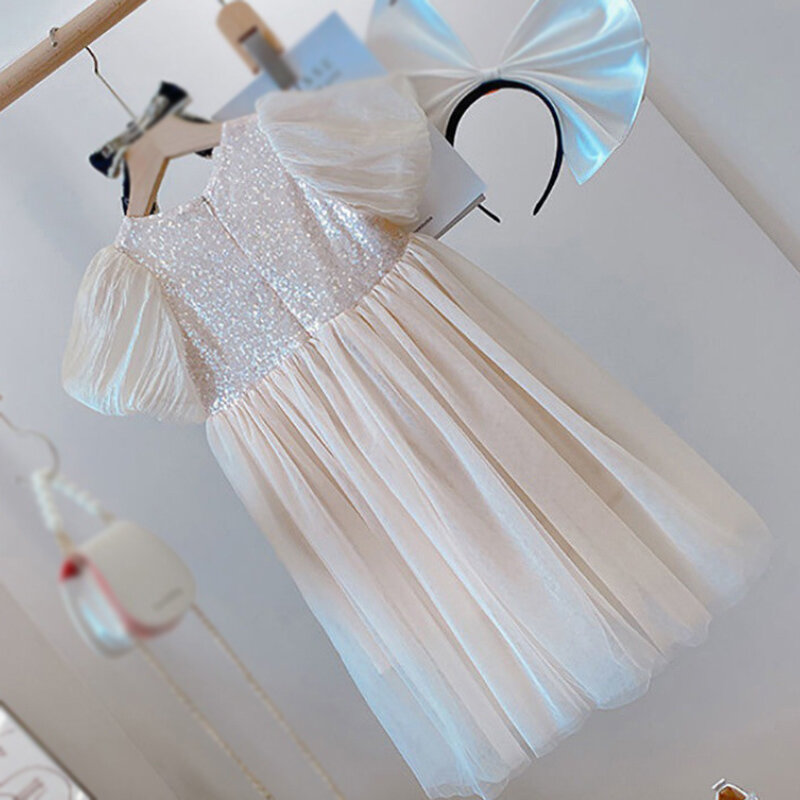 Summer Children Girls Puff Sleeves Sequin Fashionable Beautiful Princess Party Dresses Exquisite Delicacy Clothing