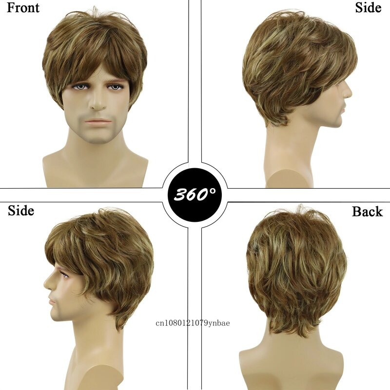 Mix Brown Wigs Synthetic Hair Short Curly Layered Wig with Bangs for Men Male Heat Resistant Cosplay Halloween Daily Costume