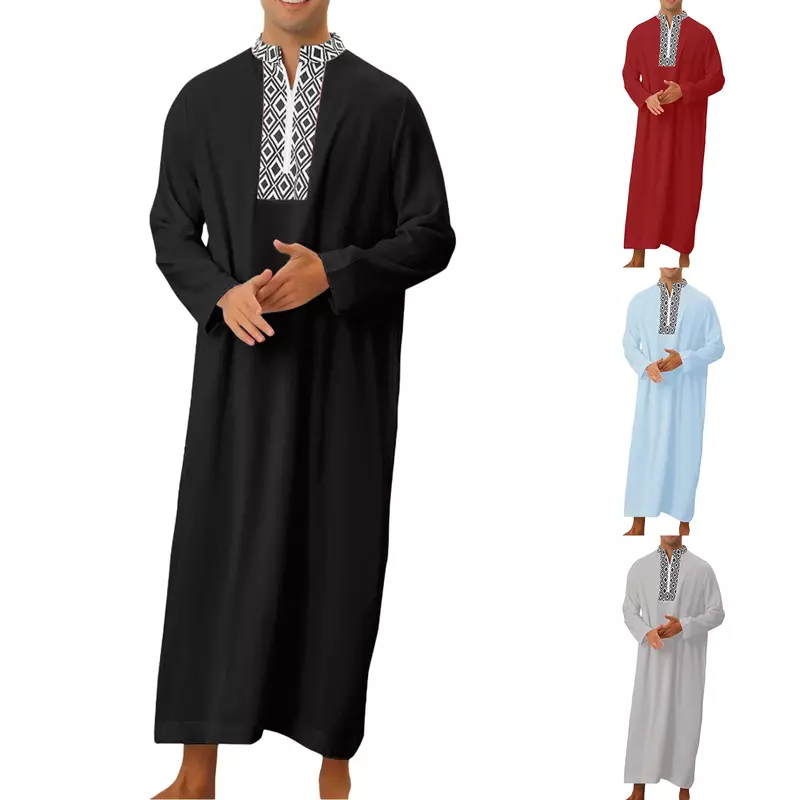 Muslim Fashion 2024 Men's Long Sleeve V-neck Moroccan Kaftan Half Zipper Casual Djellaba Abaya Jubba Thobe Muslim Men Clothing