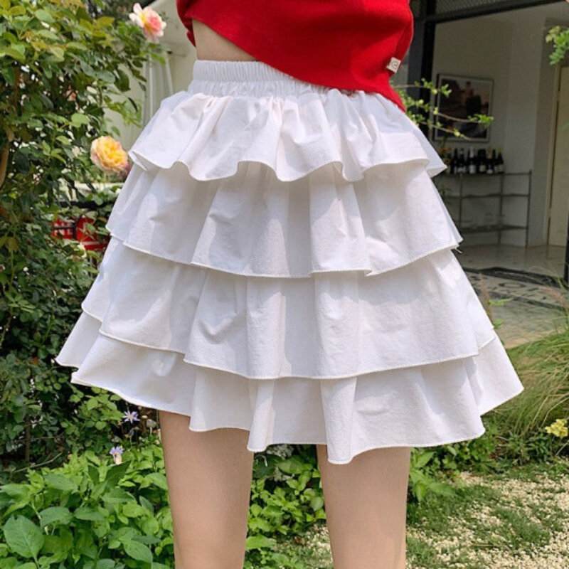 High Waist Women Ruffles Skirts Ulzzang Solid Colors A-line Vintage Fashion Summer Schoolgirls Fairy Lolita Streetwear Harajuku