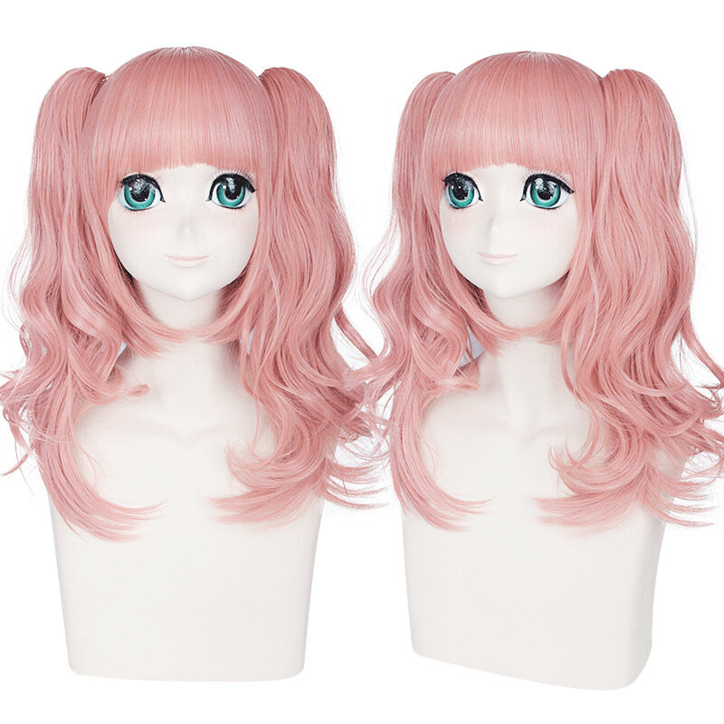 Wig merah muda dengan 2 ekor kuda Cosplay Wig Anime pesta sintetis tahan panas serat hadiah ulang tahun rambut anak perempuan