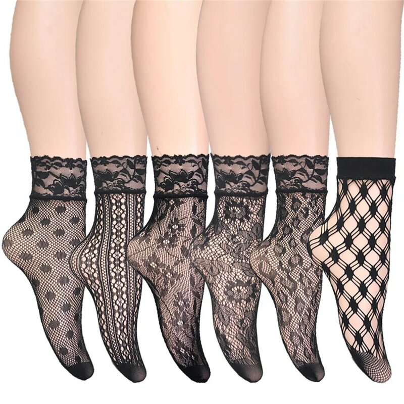 Kaus kaki pergelangan kaki renda hitam tipis mode musim panas untuk wanita kaus kaki jaring seksi Lolita kaus kaki kotak-kotak bunga ultra tipis Sox Dropship
