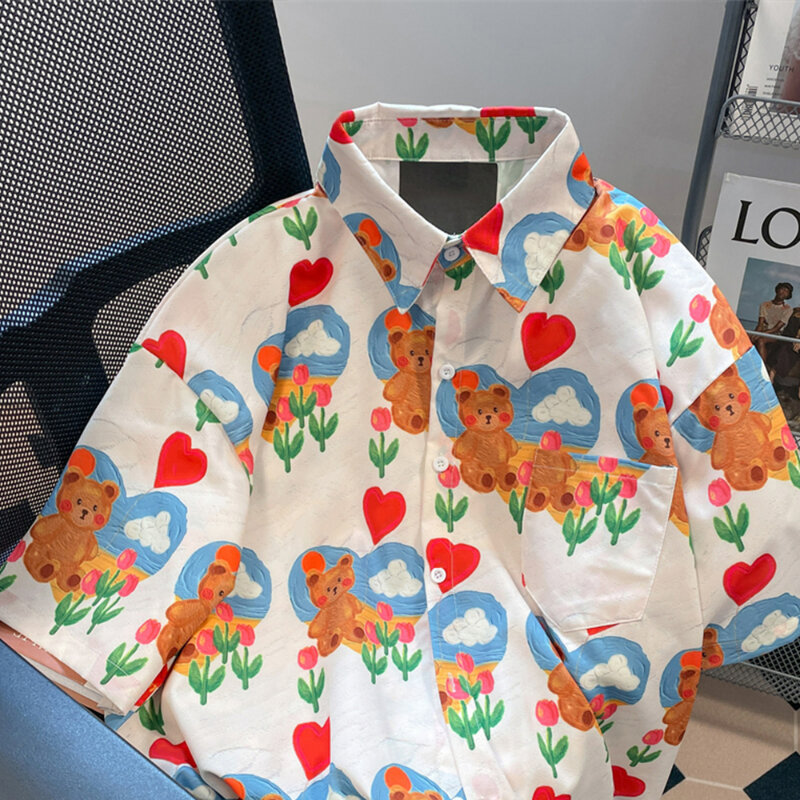Japanese Kawaii Lolita Tops Women Sweet Cute Cartoon Bear Flower Print Short Sleeve Shirt All Match Summer Casual Loose Blouses