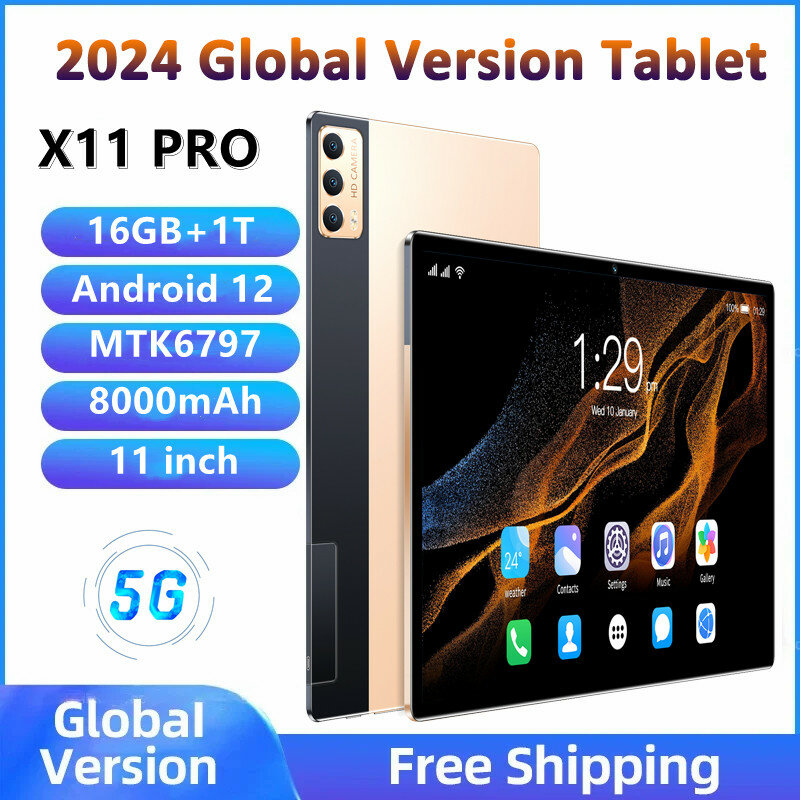 Tablet Android 12 2024 baru 11 inci 16GB RAM 1TB ROM 24MP + 48MP 8000mAh 10Core Dual 5G LTE panggilan telepon Bluetooth WiFi Tablet