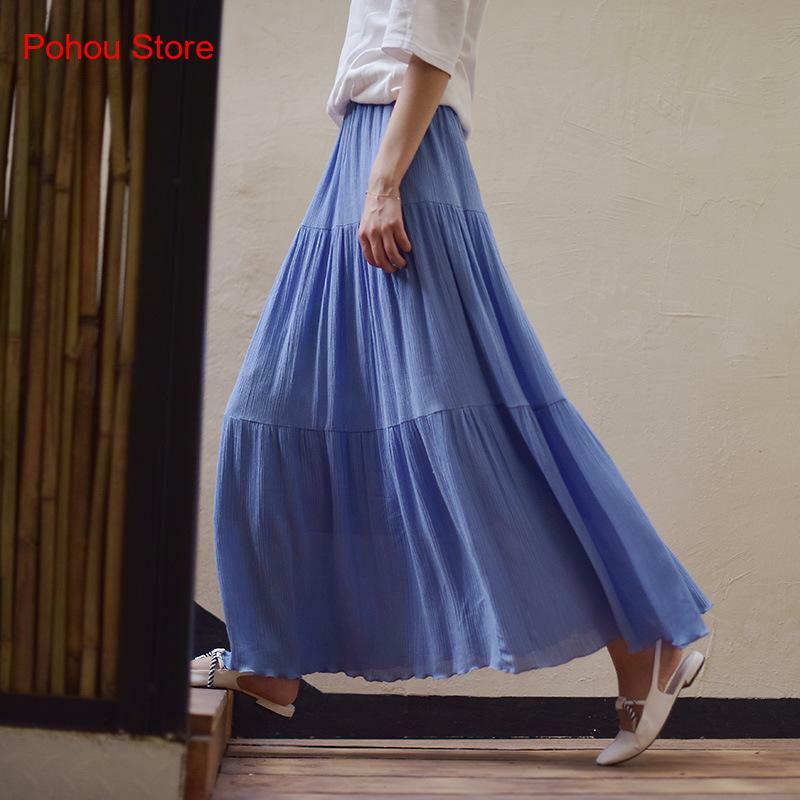 Spring and Summer Solid Color Wrinkled Cotton Large Skirt Cotton Linen Skirt Beach Long Skirt for Women
