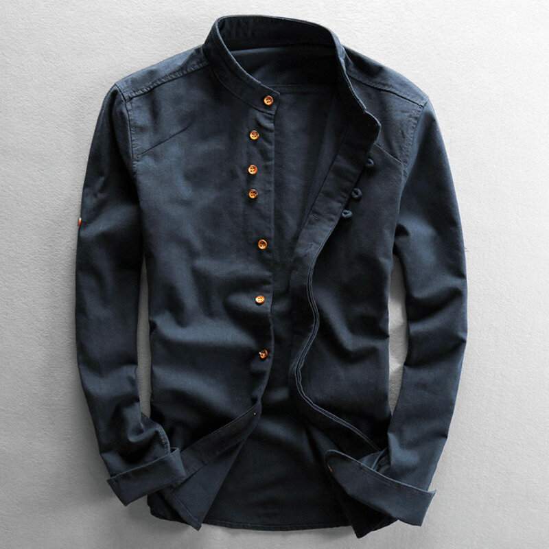 Camicia da uomo in cotone di lino stile giapponese Harajuku colletto alla coreana manica lunga Slim Fit tinta unita maschile Casual traspirante classico top