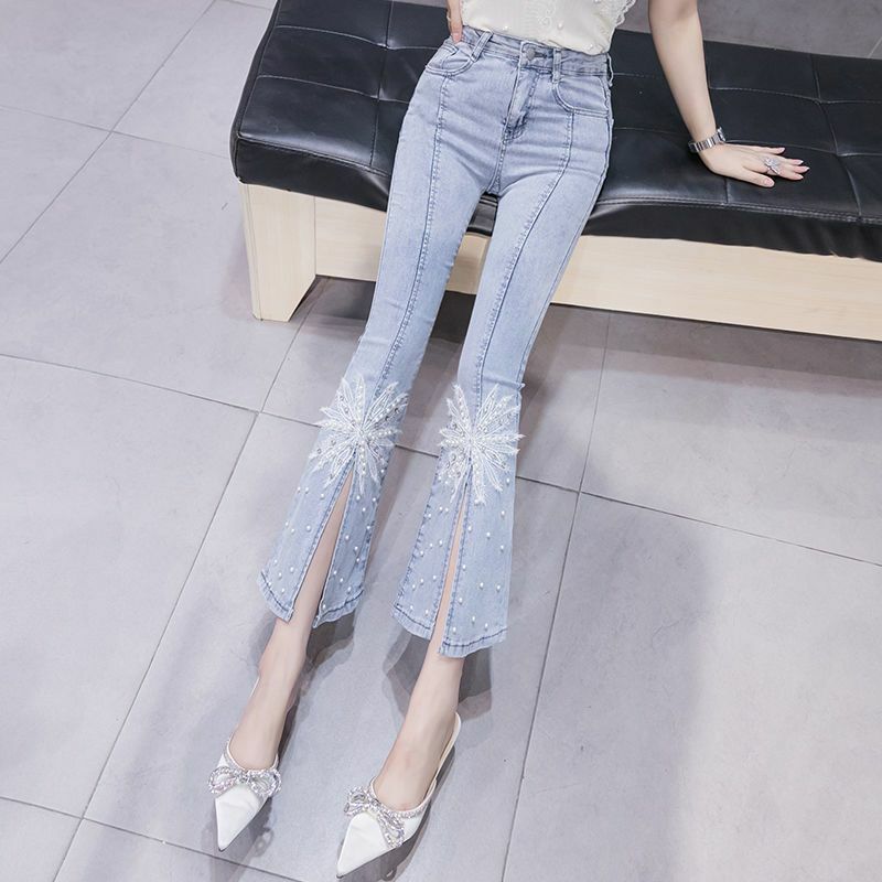 Frühling neue Schleife Slim Fit Flare Split Jeans Frauen Casual Wash Mode hohe Taille Schneeflocke Perlen hellblaue Denim kurze Hosen