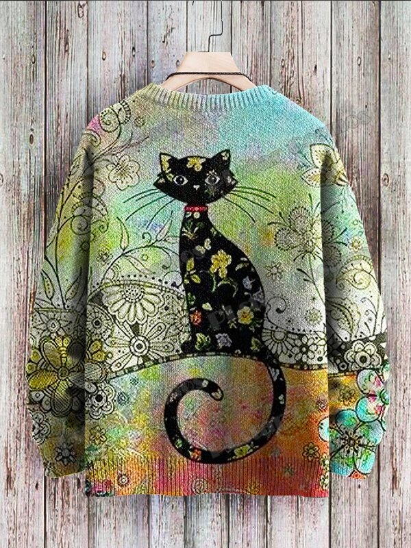 Funny Colorful Abstract Cat Art Pattern 3D Printed Men's Knitted Pullover Winter Unisex Casual Knit Pullover Sweater ZZM49