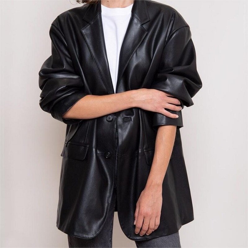 Jaket Blazer kulit asli untuk wanita, mantel kulit domba longgar dua kancing musim semi musim gugur hitam/Khaki