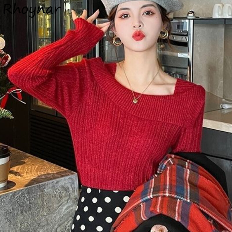 Pullovers Women Clothing Solid Square Collar Temperament Vintage Aesthetic Lady Feminino Casual All-match Knitted Tender Daily
