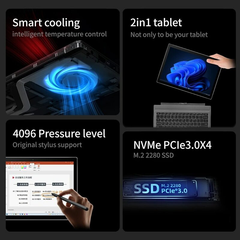 Computador portátil T1, 2-in-1 Tablet, PC 12th Gen, Intel Core i7-1260P, 16G + 512GB, 1TB, 2TB, 13 ", IPS 2K, 65W