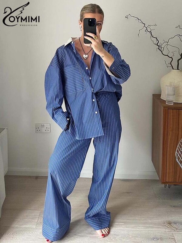 Oymimi-Conjunto de 2 piezas con estampado azul para mujer, blusa elegante de manga larga con Bolsillos y Pantalones rectos de cintura alta, informal
