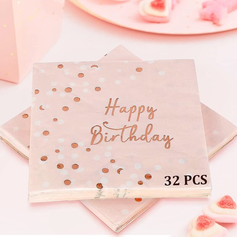 Happy Birthday Napkins 3-Ply Paper Napkins Pink Gold Table Decoration Children's Birthday Decoration