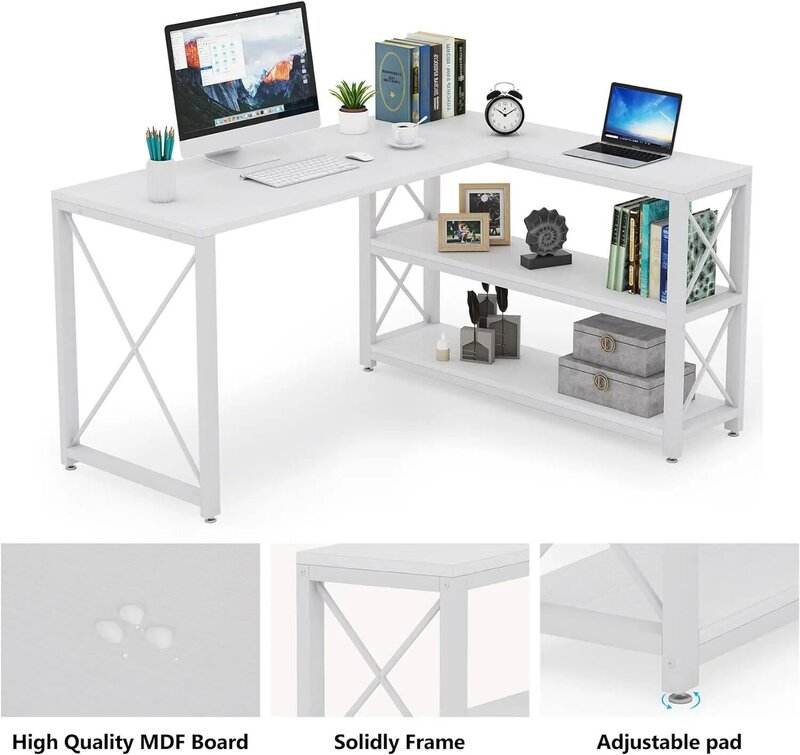 Mesa industrial reversível em forma de L com prateleiras de armazenamento, mesa do computador, PC, laptop, mesa de estudo, workstation para computador, tribos