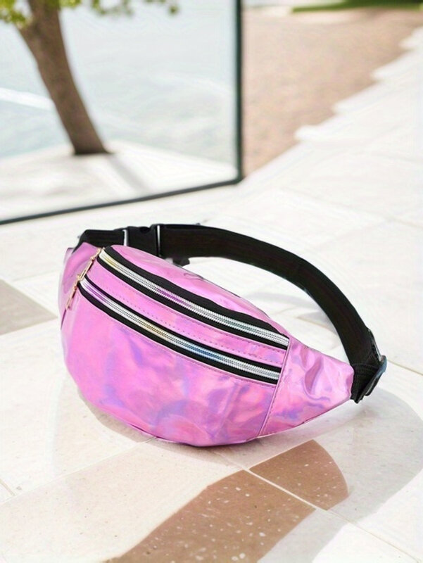 Riñonera holográfica impermeable, bolsa brillante, cinturón ajustable, Color metálico, deportiva