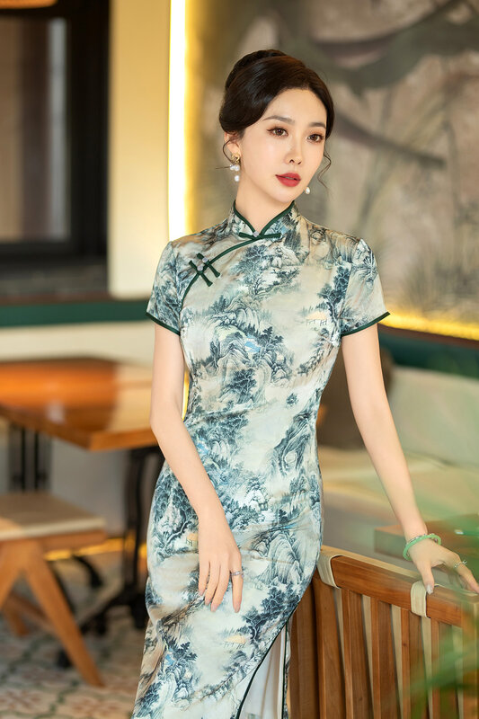 Qipao de seda de longitud media para primavera, Qipao de doble capa, de manga corta, con cuello de pie, para uso diario, estilo antiguo de Shanghai, 2024