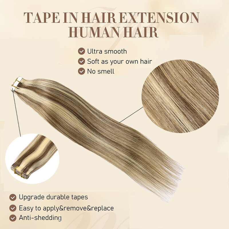 Straight Tape in Hair Extensions Human Hair Blonde Highlighted Seamless Tape in Extensions Ash Brown to Platinum Blonde #P8/60