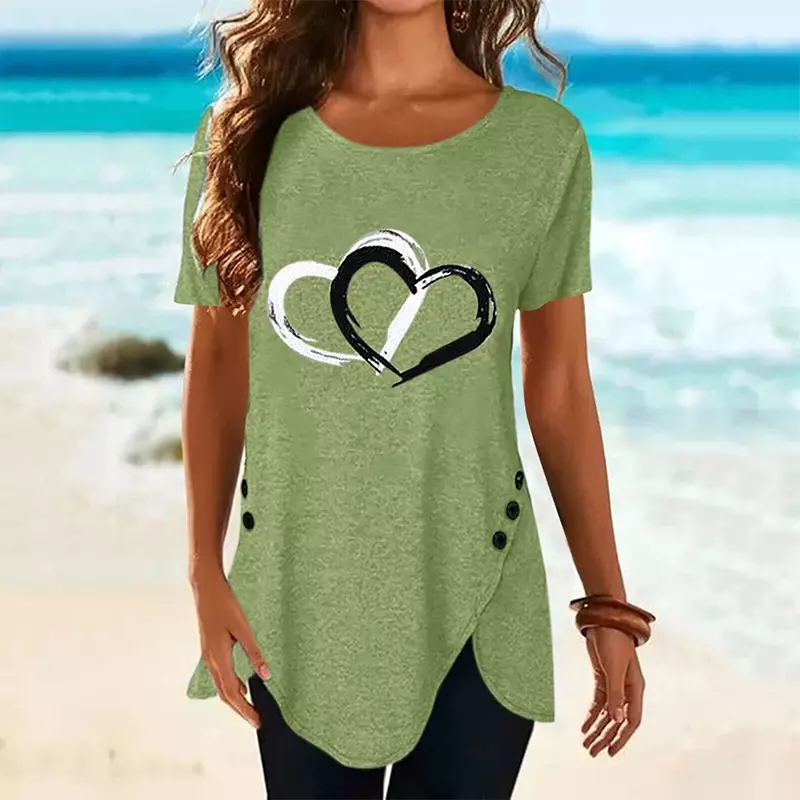Camiseta de manga corta con estampado de corazón para mujer, Camiseta larga holgada informal, ropa de moda, ropa de calle