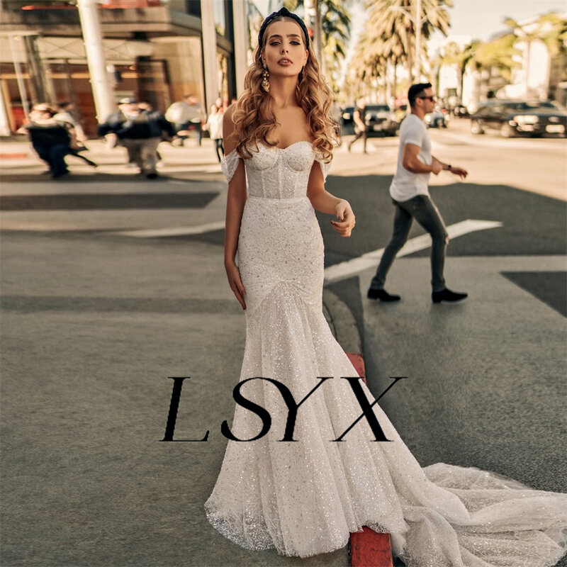 Женское платье с открытыми плечами LSYX, блестящее Тюлевое свадебное платье с юбкой-годе, Элегантное свадебное платье до пола на молнии сзади, индивидуальный пошив
