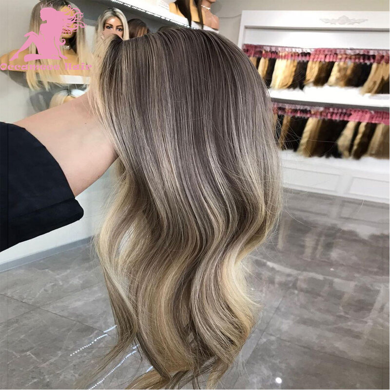 Highlight Human Hair Lace Frontal Wig Ash Brown Blonde Human Hair Full Lace Wig Natural Wave HD Transparent Lace 13x4 Lace front