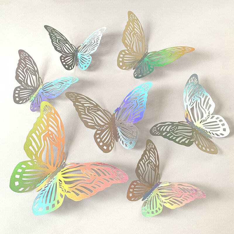 3D中空バタフライウォールステッカー、カラフルなシルバー蝶、手作りのバルーンデコレーション、DIY誕生日フェスティバルパーティー、12個