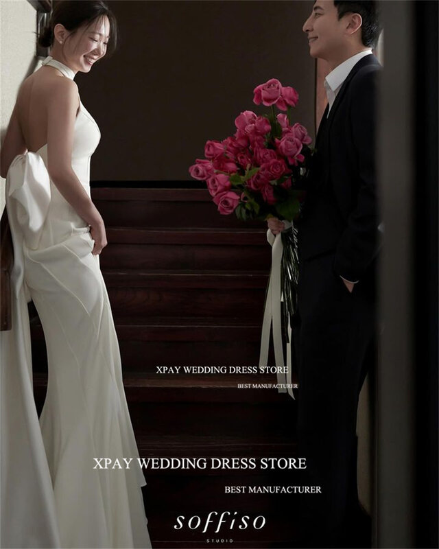 XPAY свадебное платье с лямкой на шее и круглым вырезом, корейский стиль, для фотосессии, с открытой спиной, с бантом, свадебные платья, корсет, длина до пола, под заказ, платье невесты