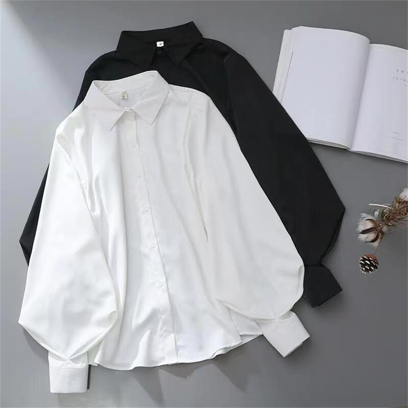 Blusa solta de manga lanterna com gola virada para baixo para mulheres, blusas sólidas, design chique, estilo coreano, top branco, moda OL, simples