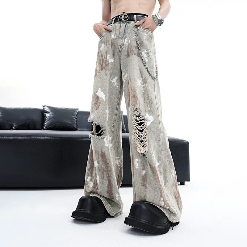 FEWQ High Street Men Denim Trousers Summer New Loose Niche Design Ripped Jeans Individuality Bell-bottoms Tie-dye Holes 24X9085