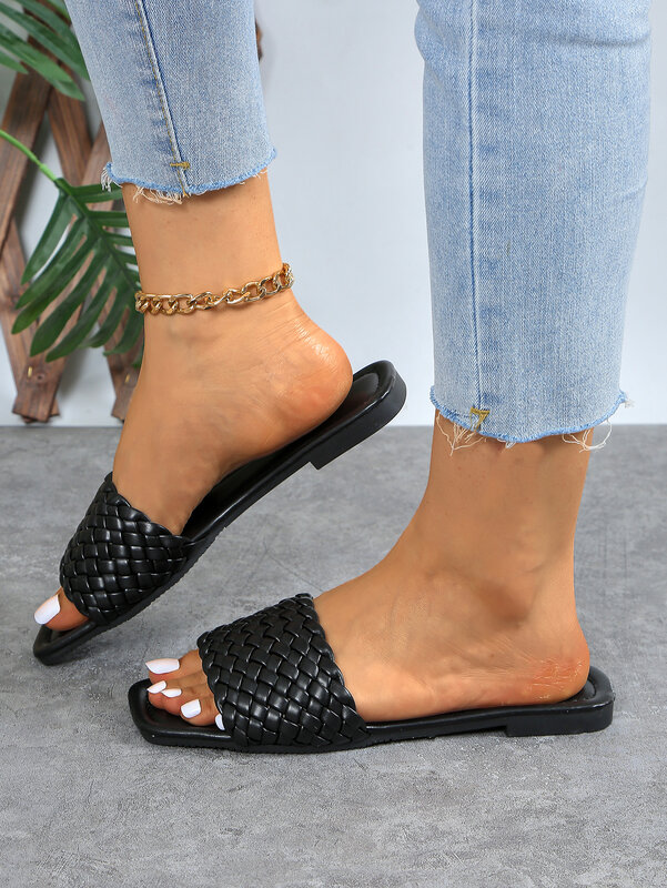Sandália de fundo plano leve feminina, novo estilo de tecelagem, casual, confortável, primavera, verão