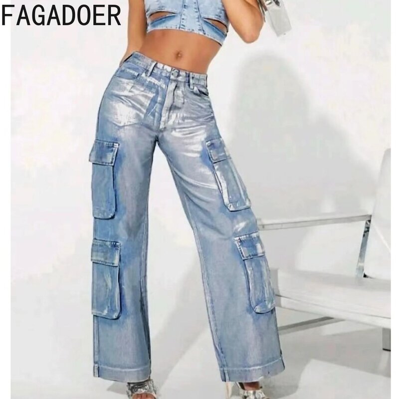 FAGADOER Fashion Sparkling Pocket Cargo Pants Women High Waisted Button Straight Bottoms Female Solid Color Matching Trousers