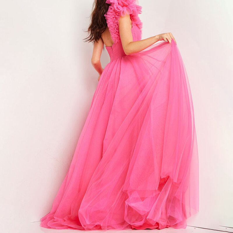 Ballgown Elegant Tulle Prom Dress One Shoulder Ruffle Sleeveless Sweetheart Pleated High Slit Full Length
