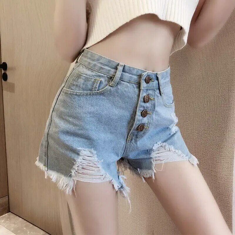 Celana pendek DENIM เอวสูงกางเกงแฟชั่นสำหรับผู้หญิง, กางเกงทรงหลวมและเข้ารูปสไตล์เกาหลีแบบใหม่มีรูสำหรับฤดูใบไม้ผลิ/ฤดูร้อน