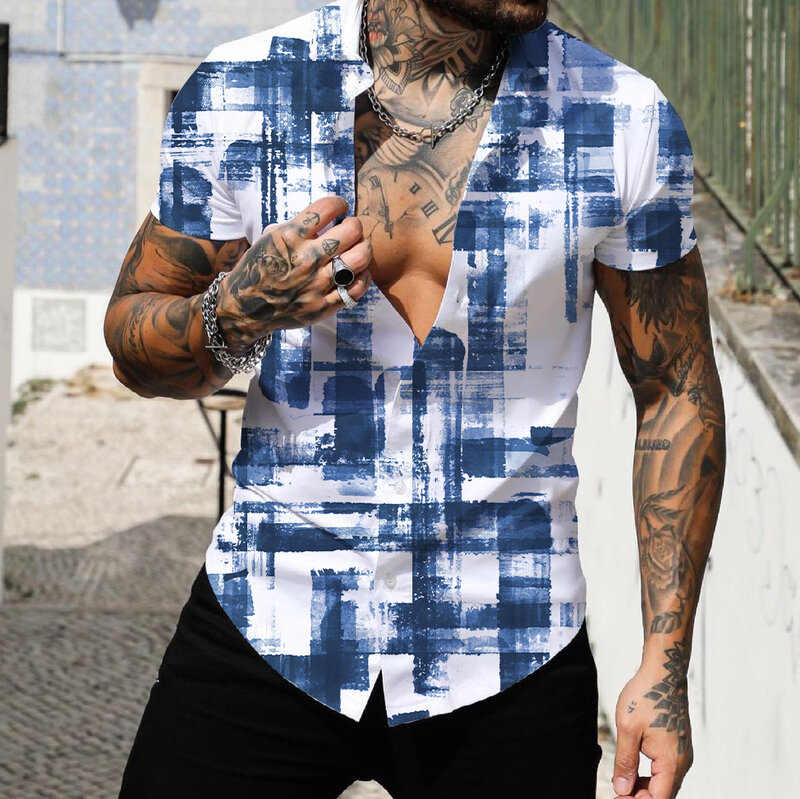 2022 Men's Shirts Lapel Tops Fashion Men's Hawaiian Shirt Short Sleeve Streetwear 3d Print Striped Patchwork Male Clothes Beach