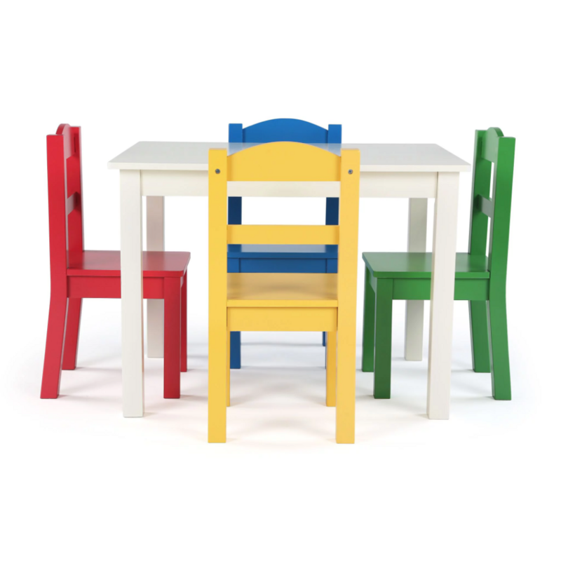 ชุดโต๊ะไม้เด็กและเก้าอี้4ตัวสีขาวและสีหลัก