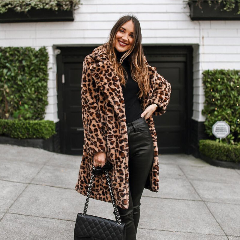 Women Winter Classic Leopard Jackets Coat Fashion Faux Rabbit Fur Long Streetwear Casual Turn-down Collar Soft Overcoat  Plush