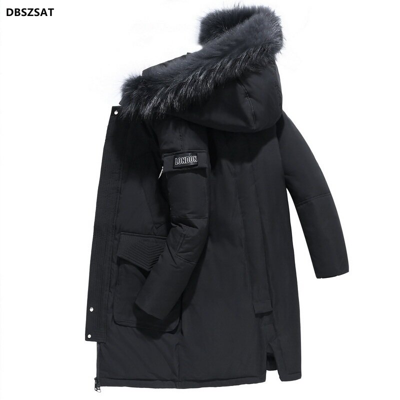 Jaket panjang pasangan, jaket Windbreaker kerah bulu bertudung untuk musim dingin 30 derajat, mantel tebal tetap hangat modis pria