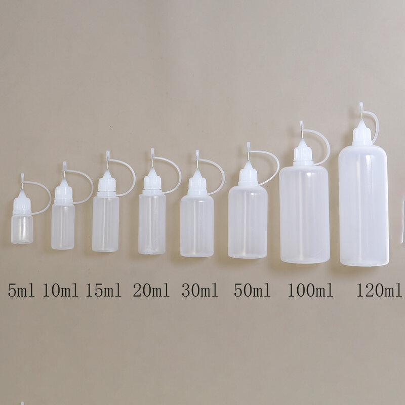 Botella aplicadora de Punta exprimible de plástico PE, gotero rellenable con tapas de punta de aguja para pegamento, 5ml, 10ml, 15ml, 30ml, 50ml, 100ml, 120ml