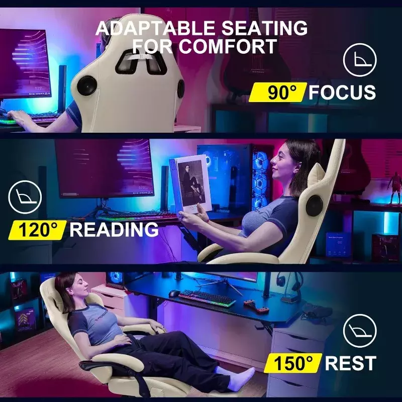 GTPR-Cadeira reclinável para jogos, cadeira do computador com pés e alto-falantes Bluetooth, encosto alto ergonômico