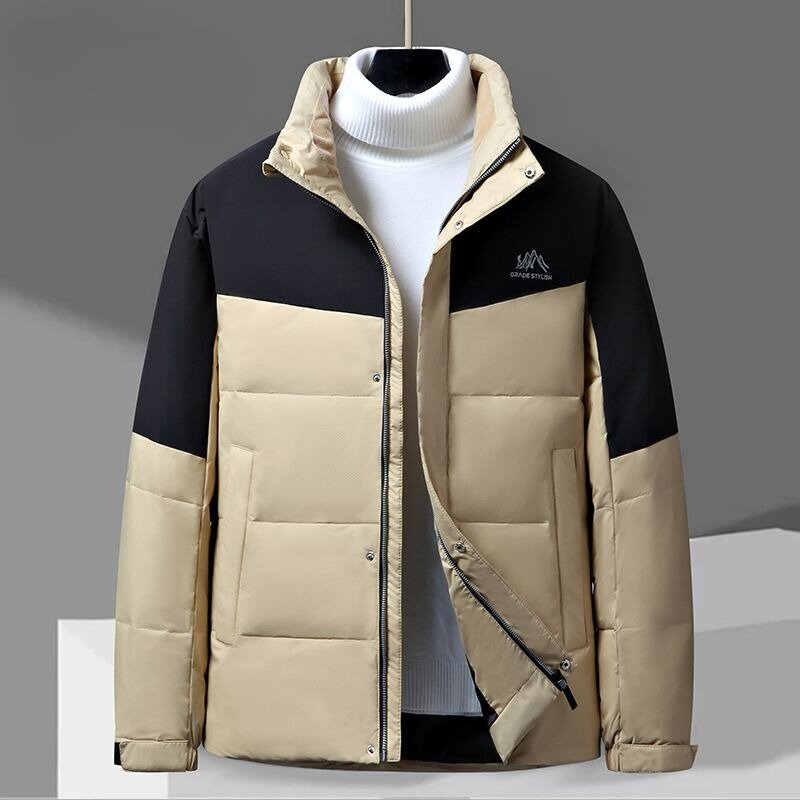 เสื้อโค้ทตัวแจ็คเก็ตเสื้อกันหนาวสั้นสำหรับผู้ชาย, เสื้อคลุมกันหนาวสีตัดกันทรงหลวมคอตั้ง2023