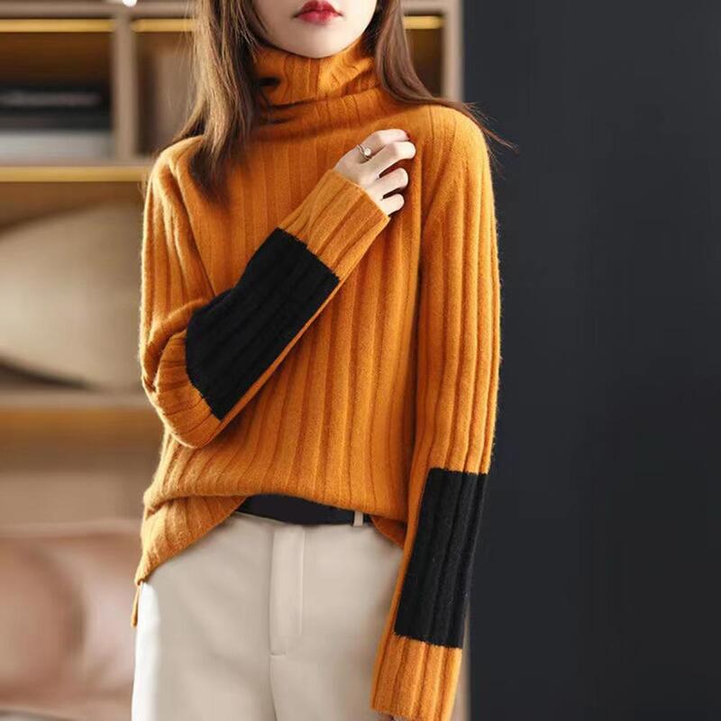 Women Sweater Cozy Stylish Women's Winter Sweater Turtleneck Neck Protection Color Block Patchwork Warm Knitted Soft Pullover